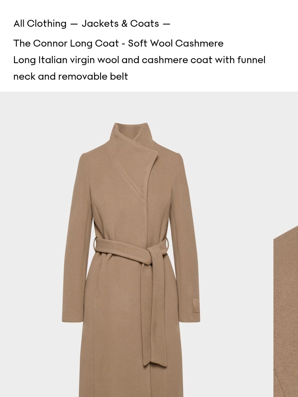 Aritzia Connor Long Wool-Cashmere Funnel Neck Belted Coat — Camel